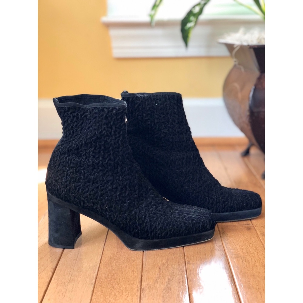 Textured Leather Elastic Block Heel Bootie - image 1